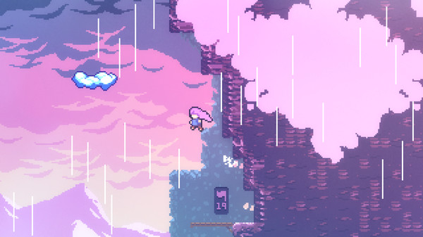 Madeline subindo uma montanha com nuvens rosa no fundo