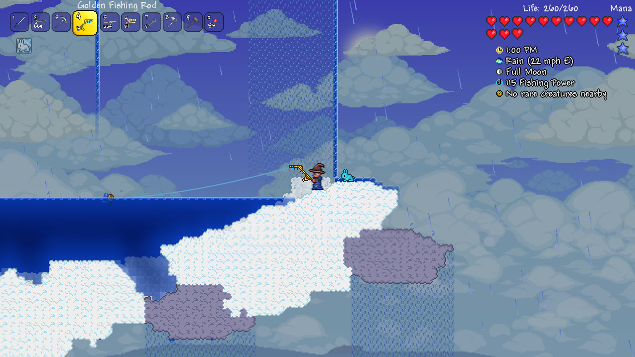 Personagem de Terraria pesacndo em uma nuvem no céu